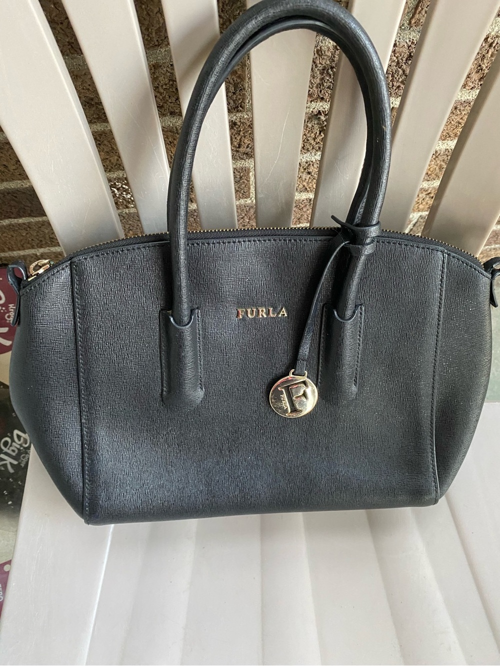 Furla Black Saffiano Leather Dome Satchel with Gold Charm
